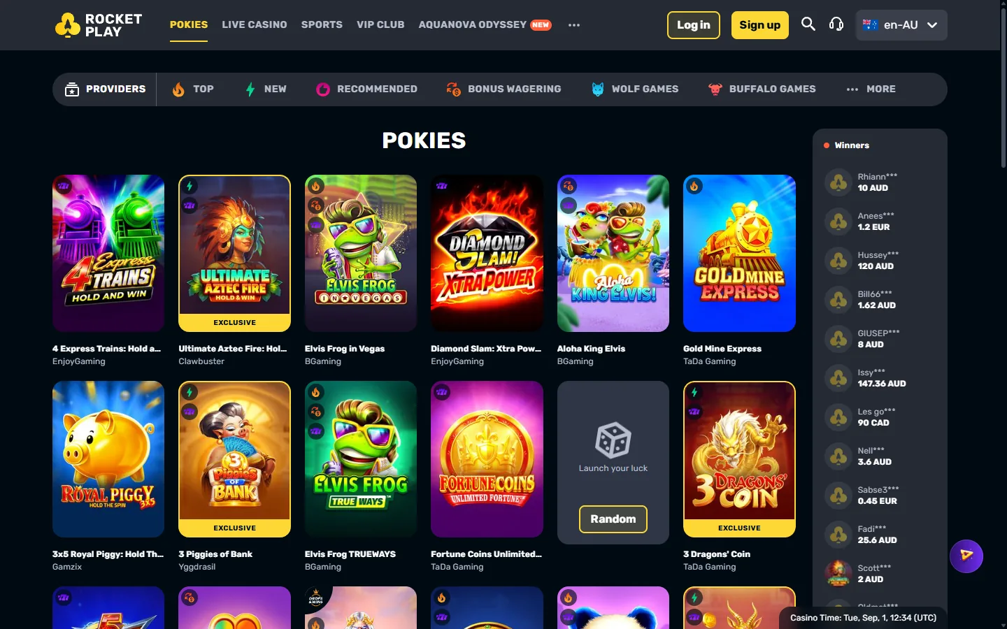 RocketPlay-Pokies-Lobby mit geladenen Slot-Kacheln, Kategorien und sichtbaren Spieleprovidern