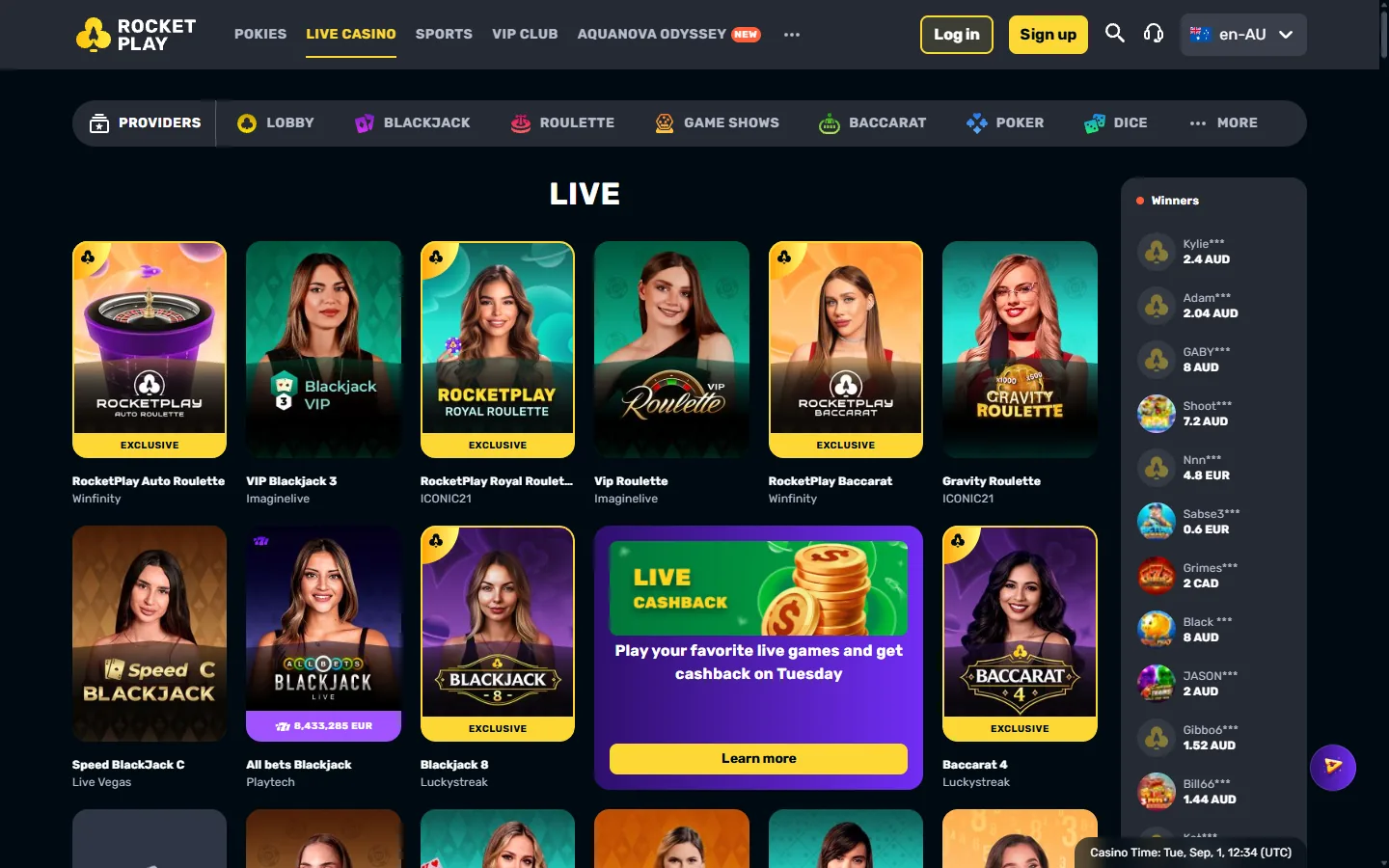 RocketPlay-Live-Casino mit geladenen Dealer-Kacheln für Roulette, Blackjack und weitere Tischspiele