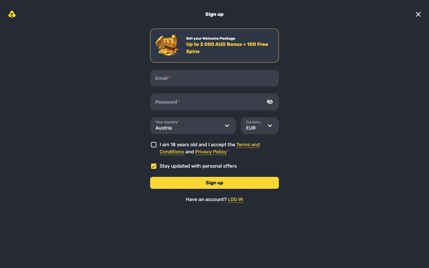 Geöffnetes RocketPlay-Registrierungsformular mit leeren Feldern für Konto- und Kontaktdaten
