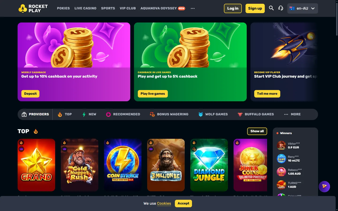 RocketPlay-Startseite mit Promotionskarten, Hauptnavigation und vollständig geladenen Casino-Spielen