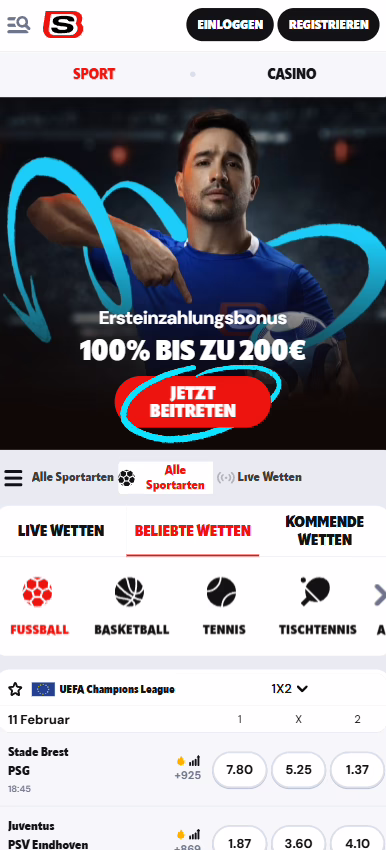 Supabet Casino Mobile Ansicht - Startseite optimiert für Smartphones