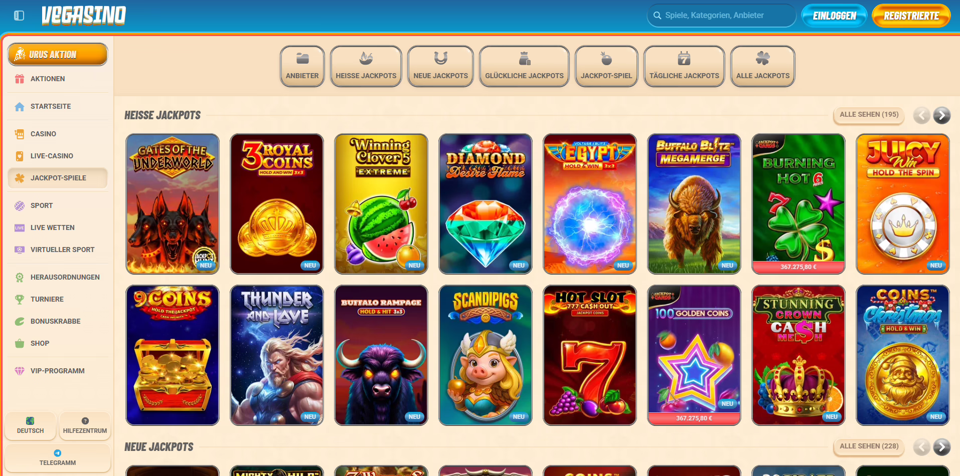 Vegasino Casino Jackpot-Spiele