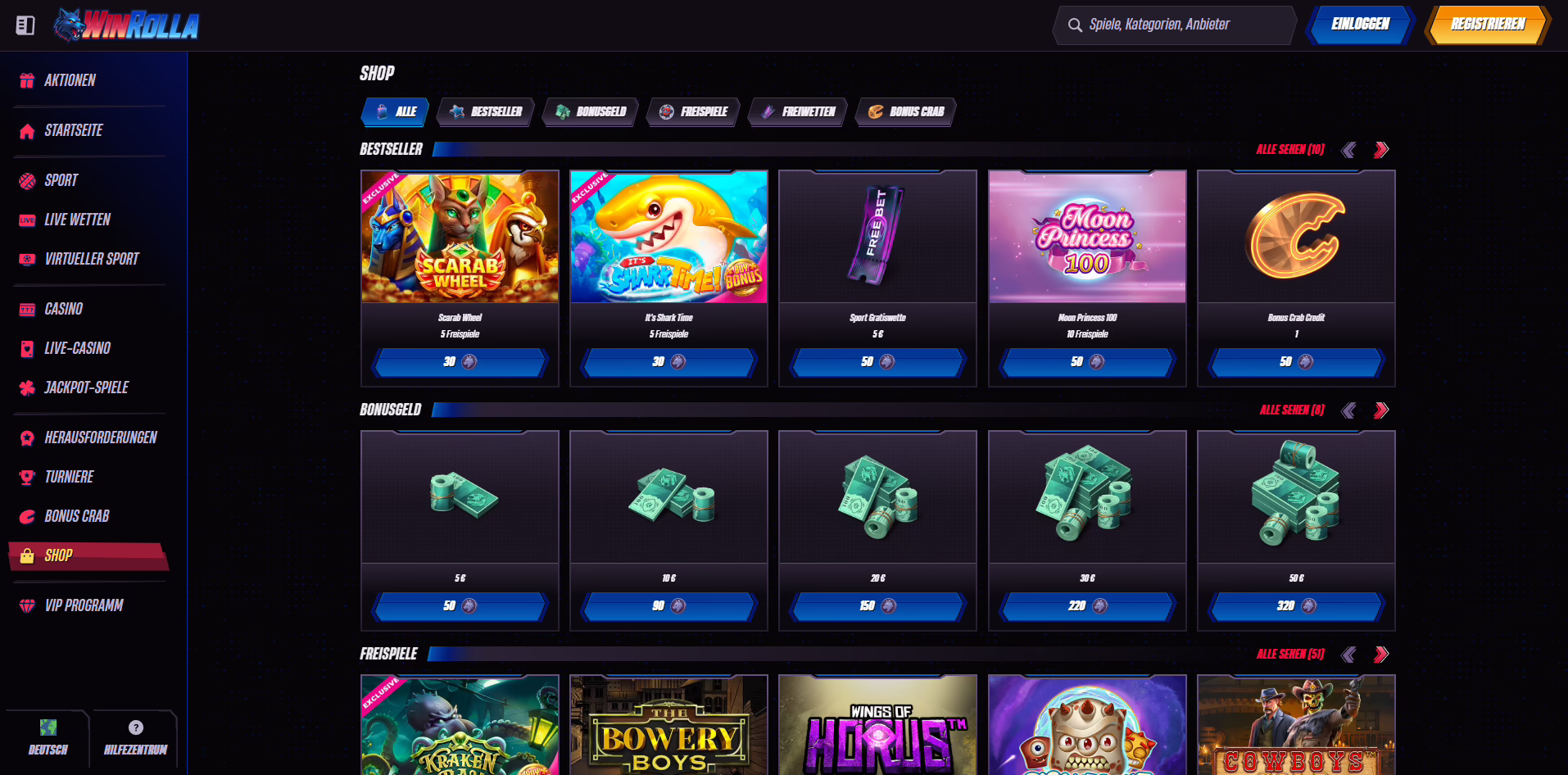 Winrolla Casino Münz-Shop