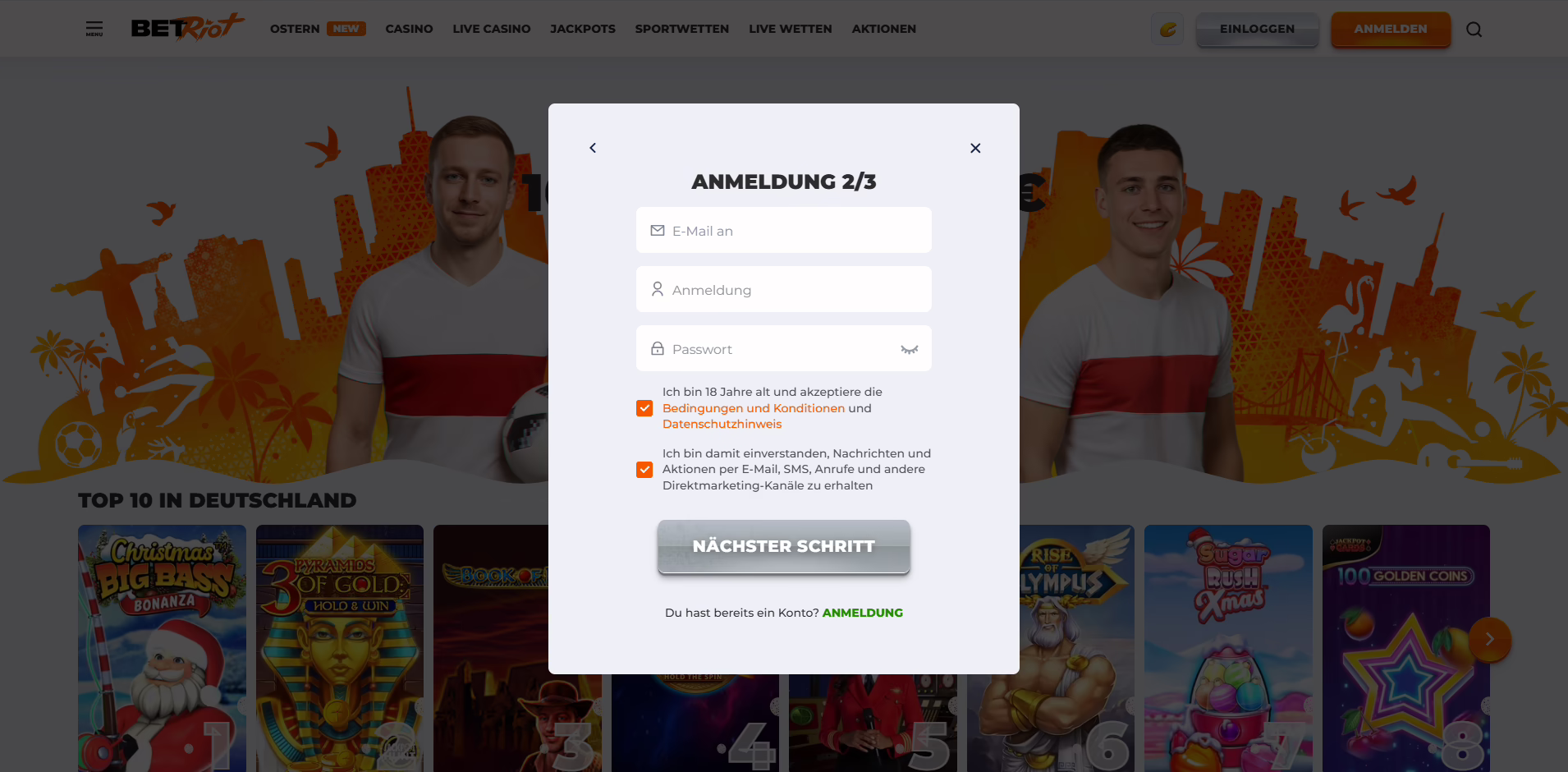 BetRiot Casino Anmeldeprozess