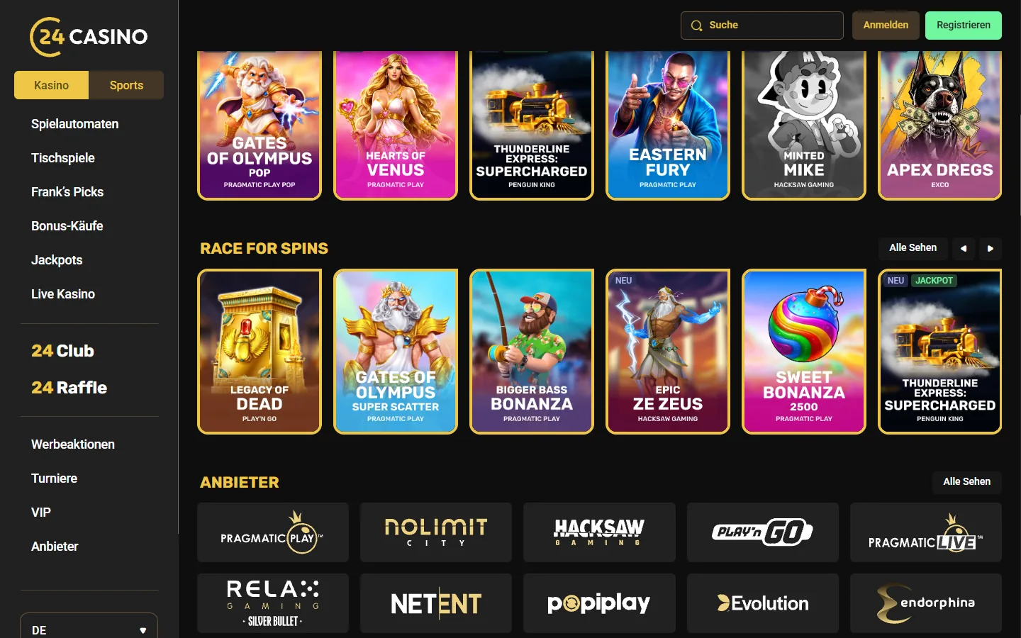 24Casino-Spielbereich mit geladenen neuen Slots, Race-for-Spins-Spielen und Anbieterlogos