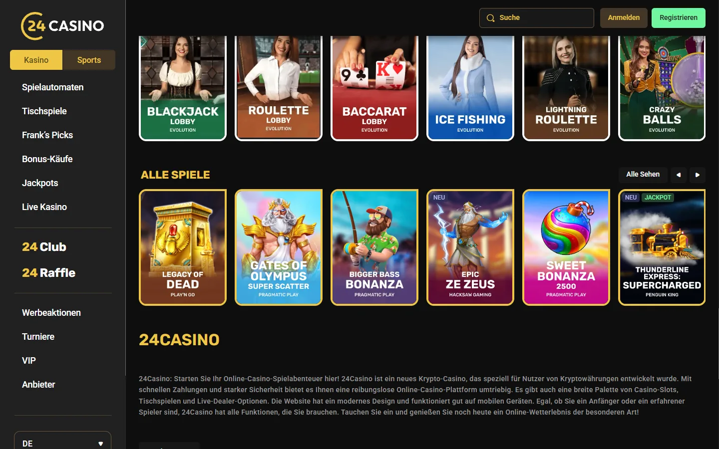 24Casino-Live-Bereich mit geladenen Blackjack-, Roulette-, Baccarat- und Game-Show-Kacheln
