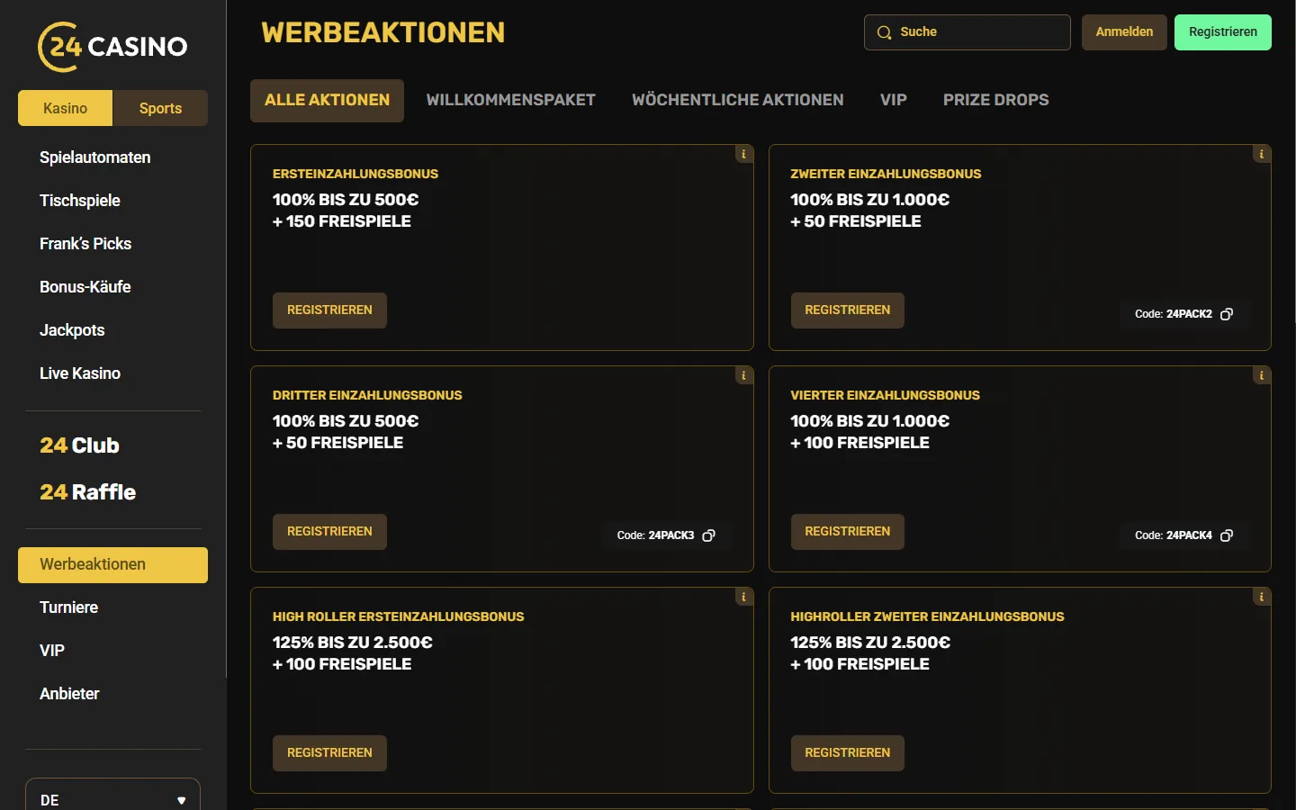 24Casino-Werbeaktionsseite mit Karten für Einzahlungsboni, High-Roller-Angebote und Freispiele