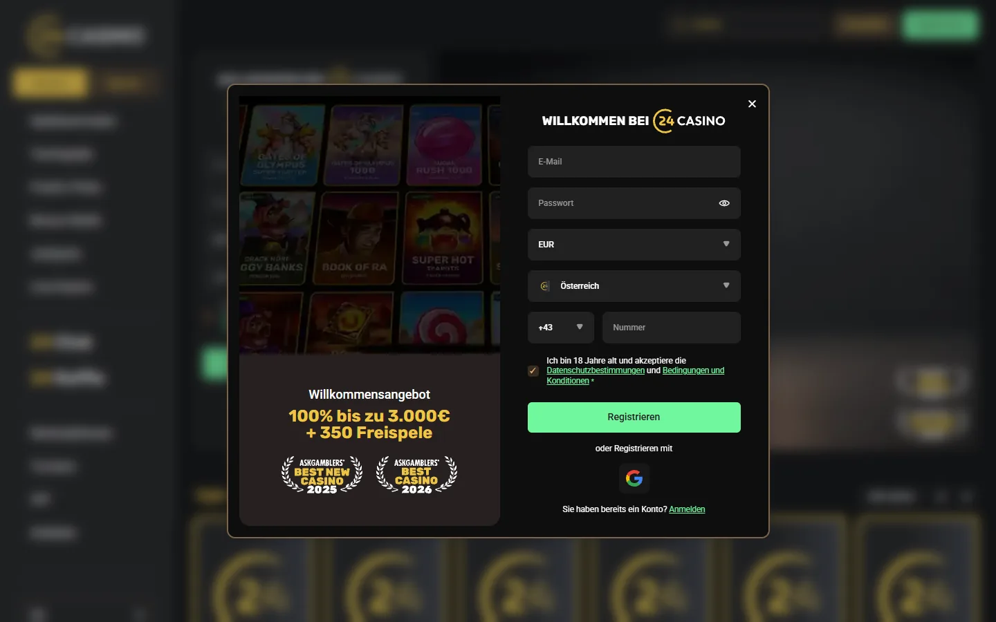 Geöffnetes 24Casino-Registrierungsformular mit leeren Eingabefeldern vor der Kontoerstellung