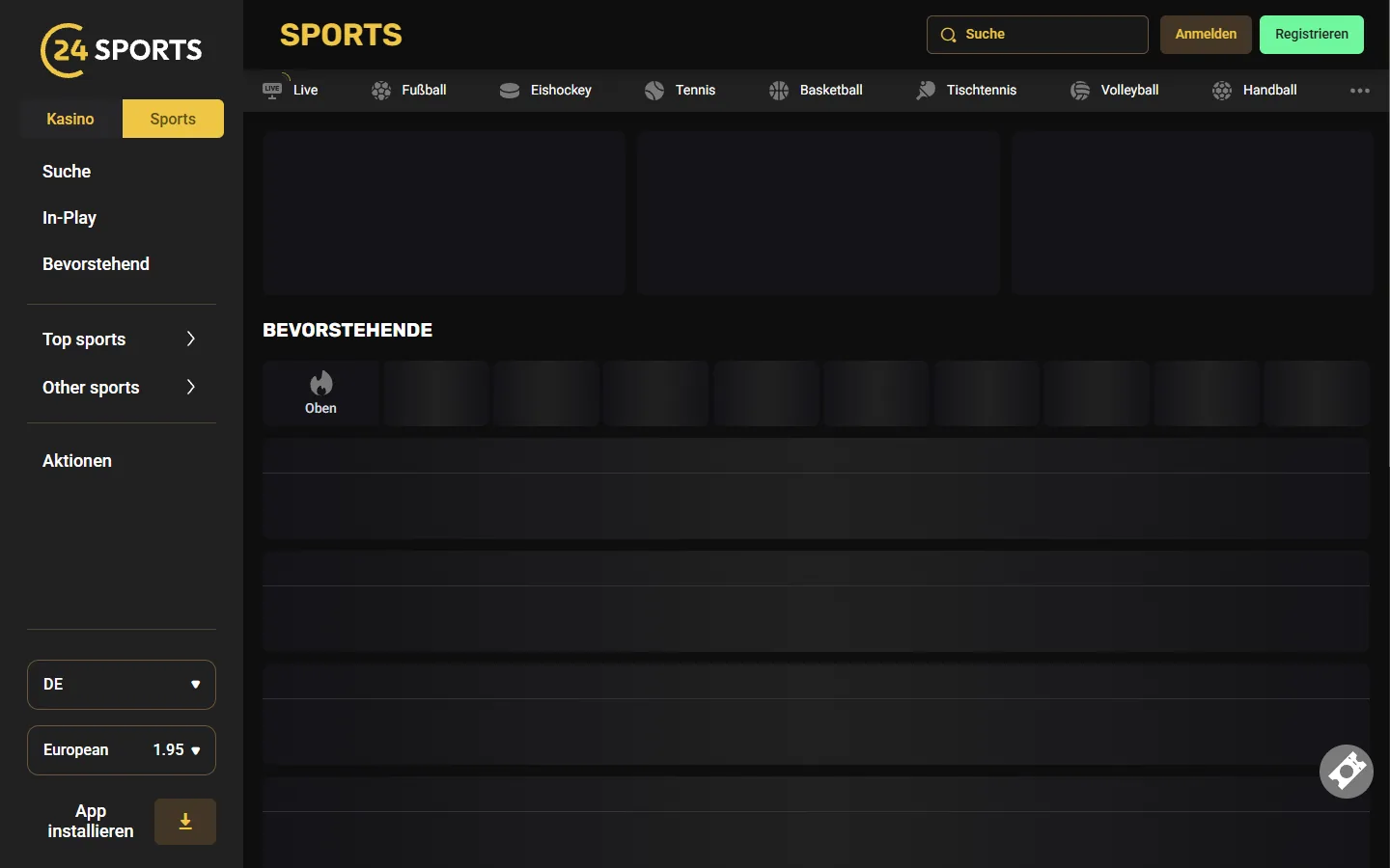 24Casino-Sportwettenbereich mit Navigation, Sportarten und öffentlich sichtbaren Wettmärkten