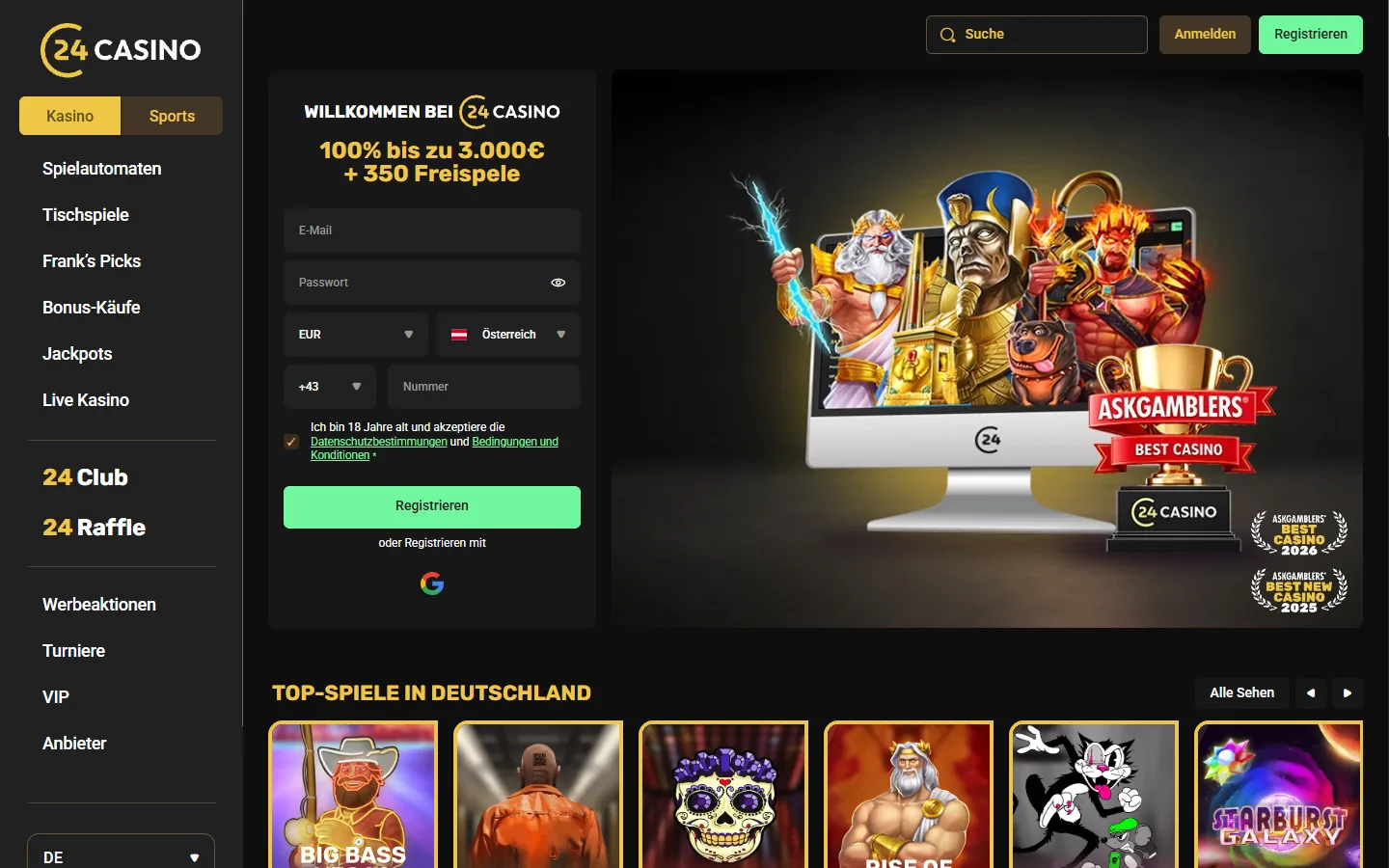 24Casino-Startseite mit Willkommensangebot, Registrierungsfeldern und geladenen Top-Spielen