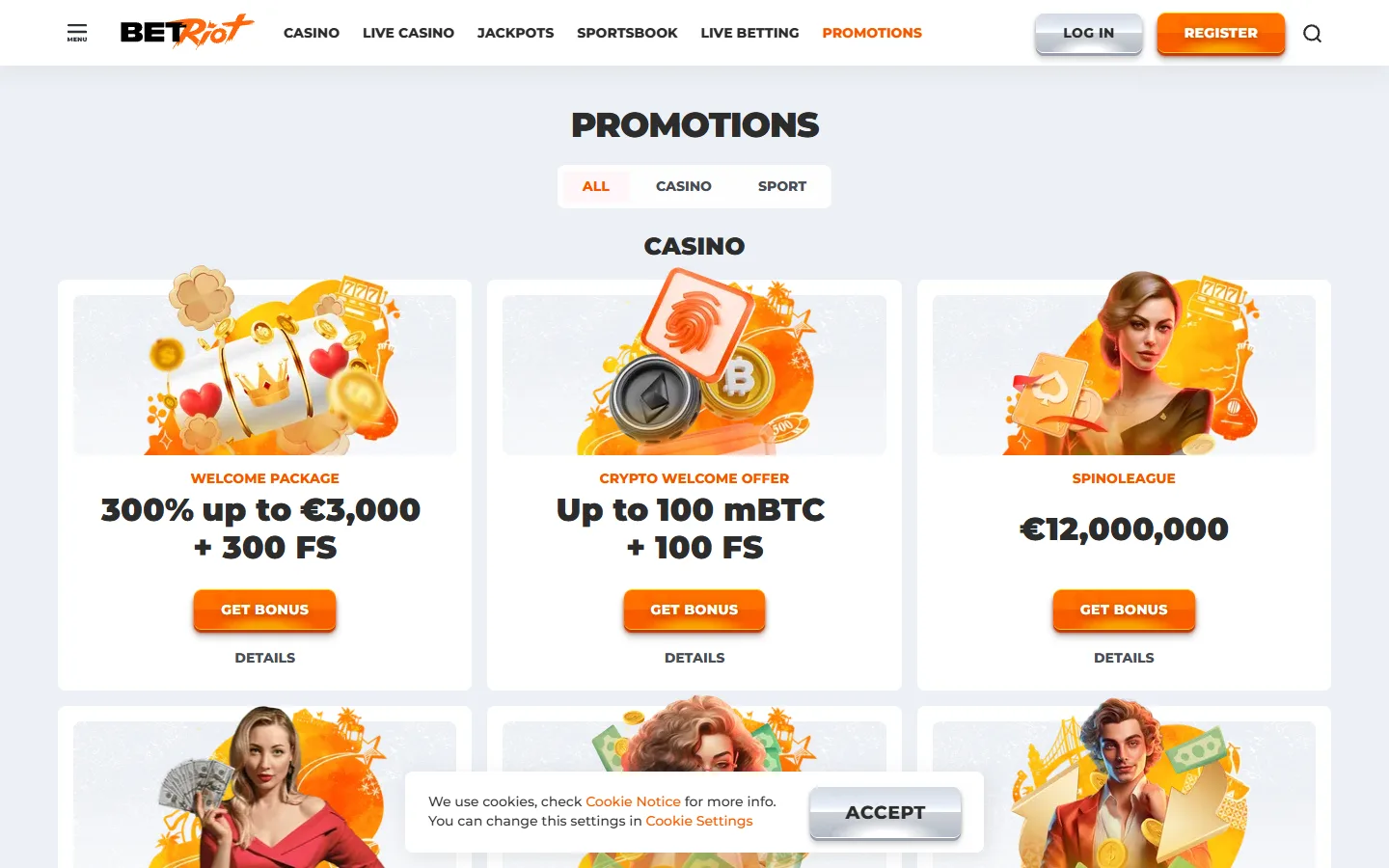 Öffentliche Promotions von Betriot mit geladenen Inhalten und sichtbarer Navigation.
