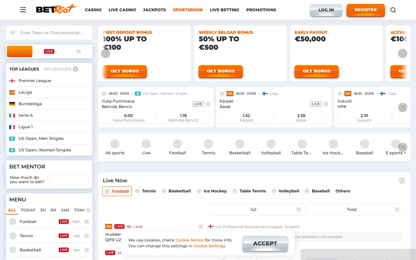 Öffentliche Sportwetten von Betriot mit geladenen Inhalten und sichtbarer Navigation.