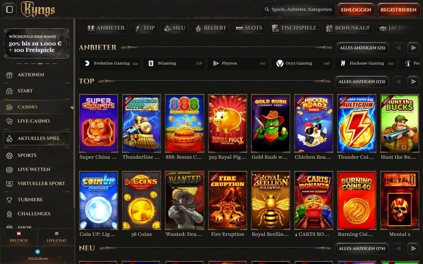 Öffentliche Kyngs-Casino-Lobby mit geladenen Slot-Bildern, Anbieterleiste und Kategorien