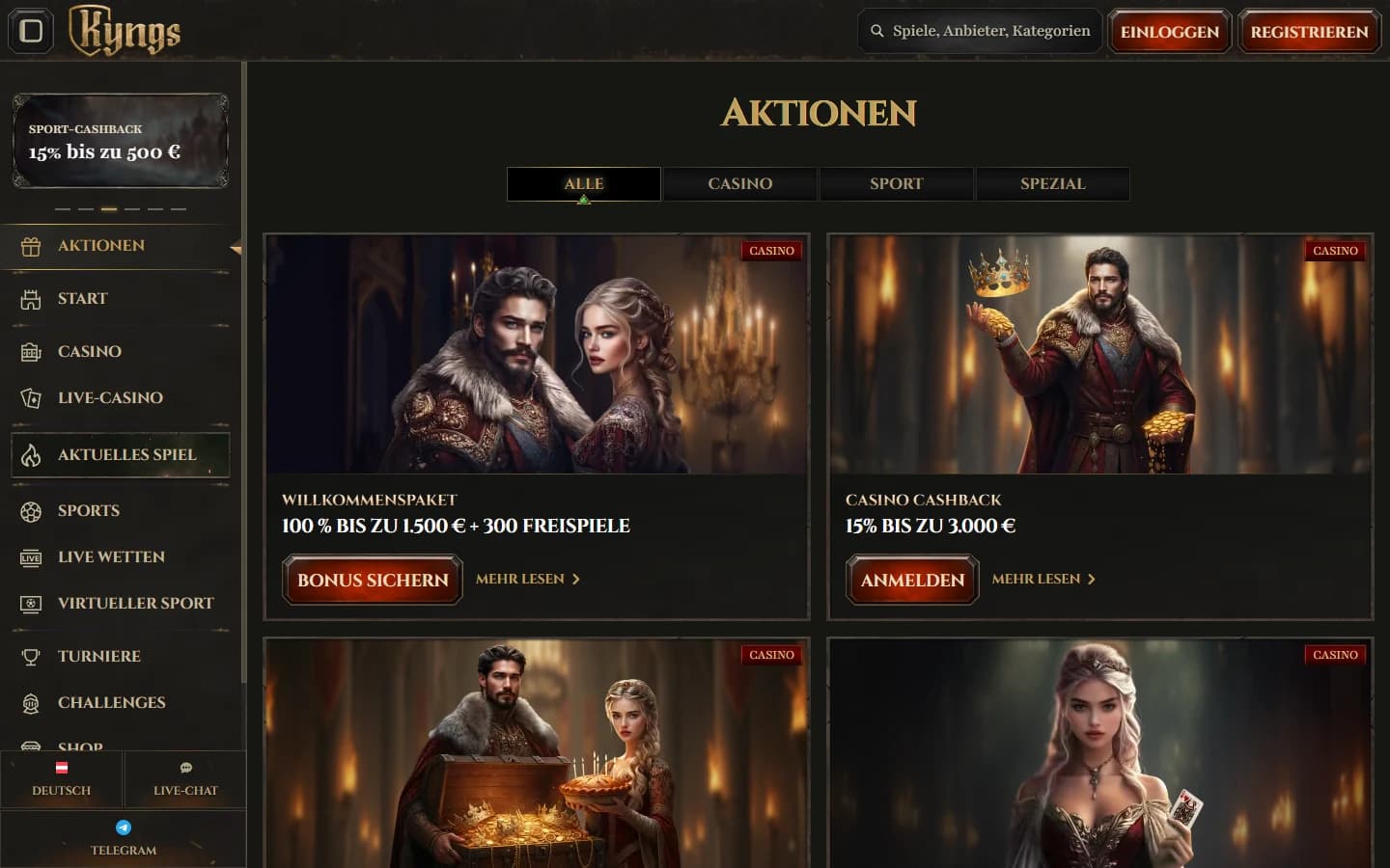 Öffentliche Kyngs-Aktionsseite mit Bonuskarten, Willkommenspaket und Casino-Cashback