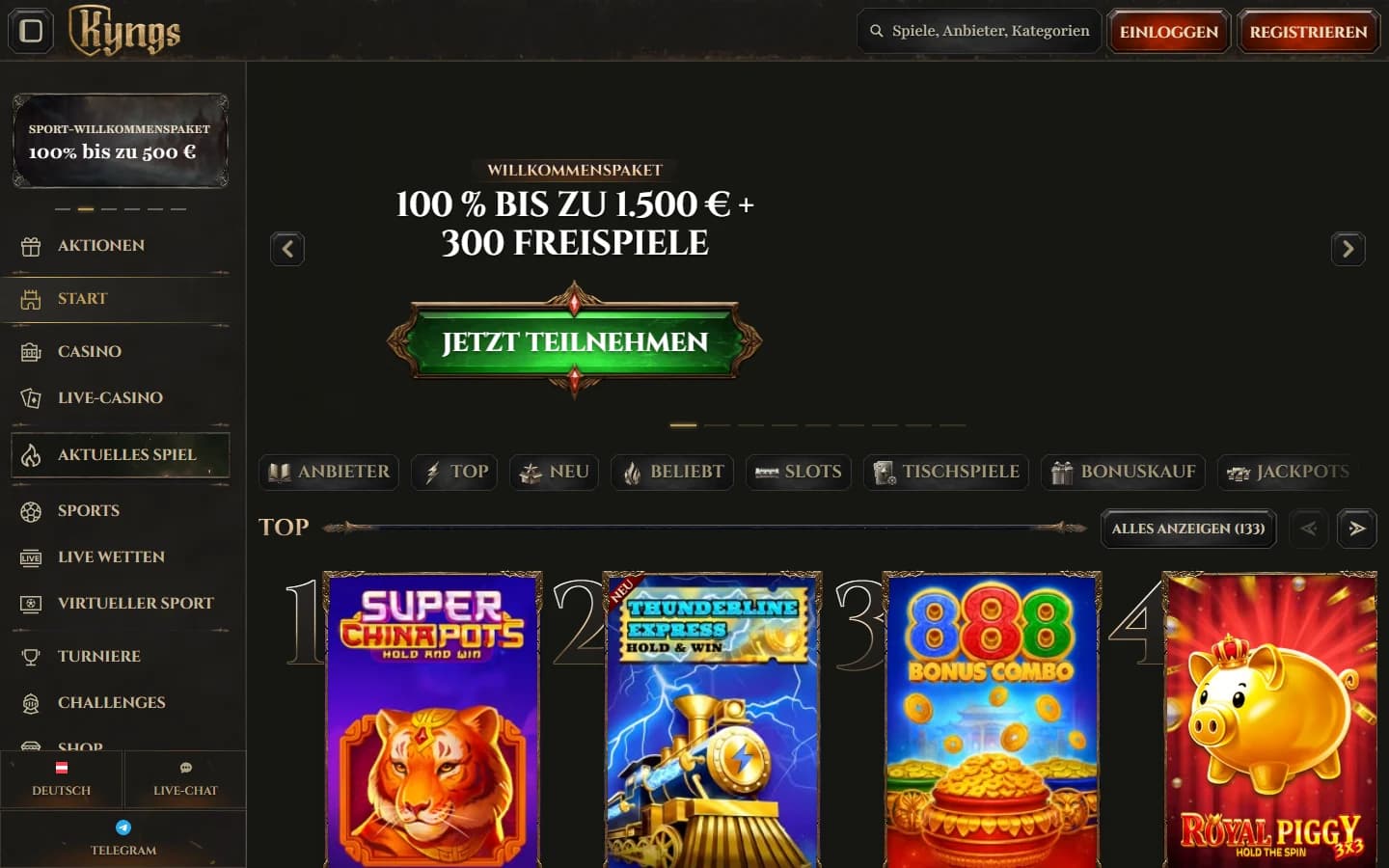 Öffentliche Kyngs-Casino-Startseite mit Willkommensbonus, Navigation und geladenen Top-Spielen