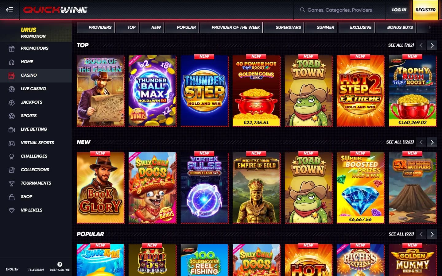 QuickWin-Casino-Lobby mit vollständig geladenen Kategorien und mehreren Reihen von Slot-Spielen
