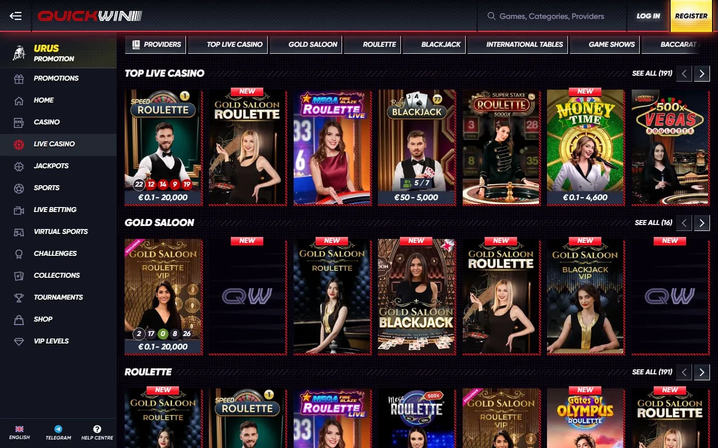 QuickWin-Live-Casino mit Roulette-, Blackjack- und Game-Show-Tischen in mehreren Kategorien