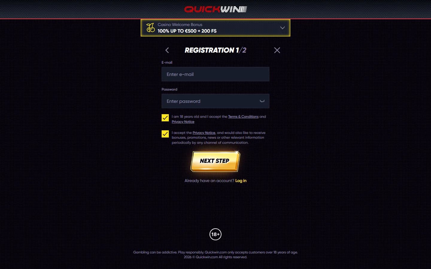 Erster Schritt des QuickWin-Registrierungsformulars mit Feldern für E-Mail und Passwort