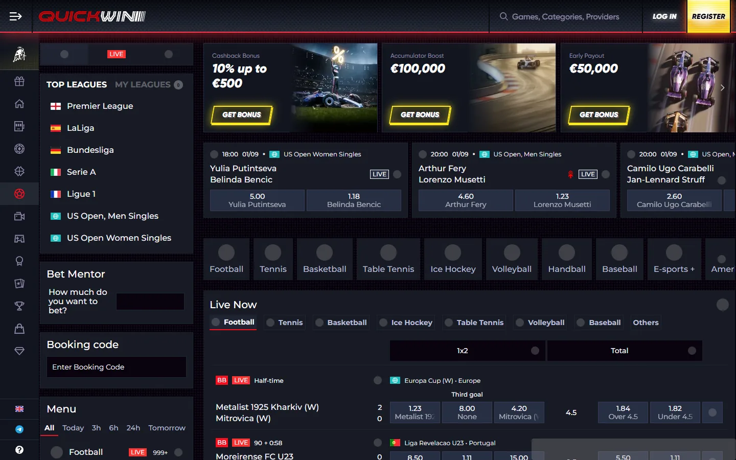 QuickWin-Sportwettenbereich mit Top-Ligen, Live-Events, Quoten und Sportarten-Auswahl