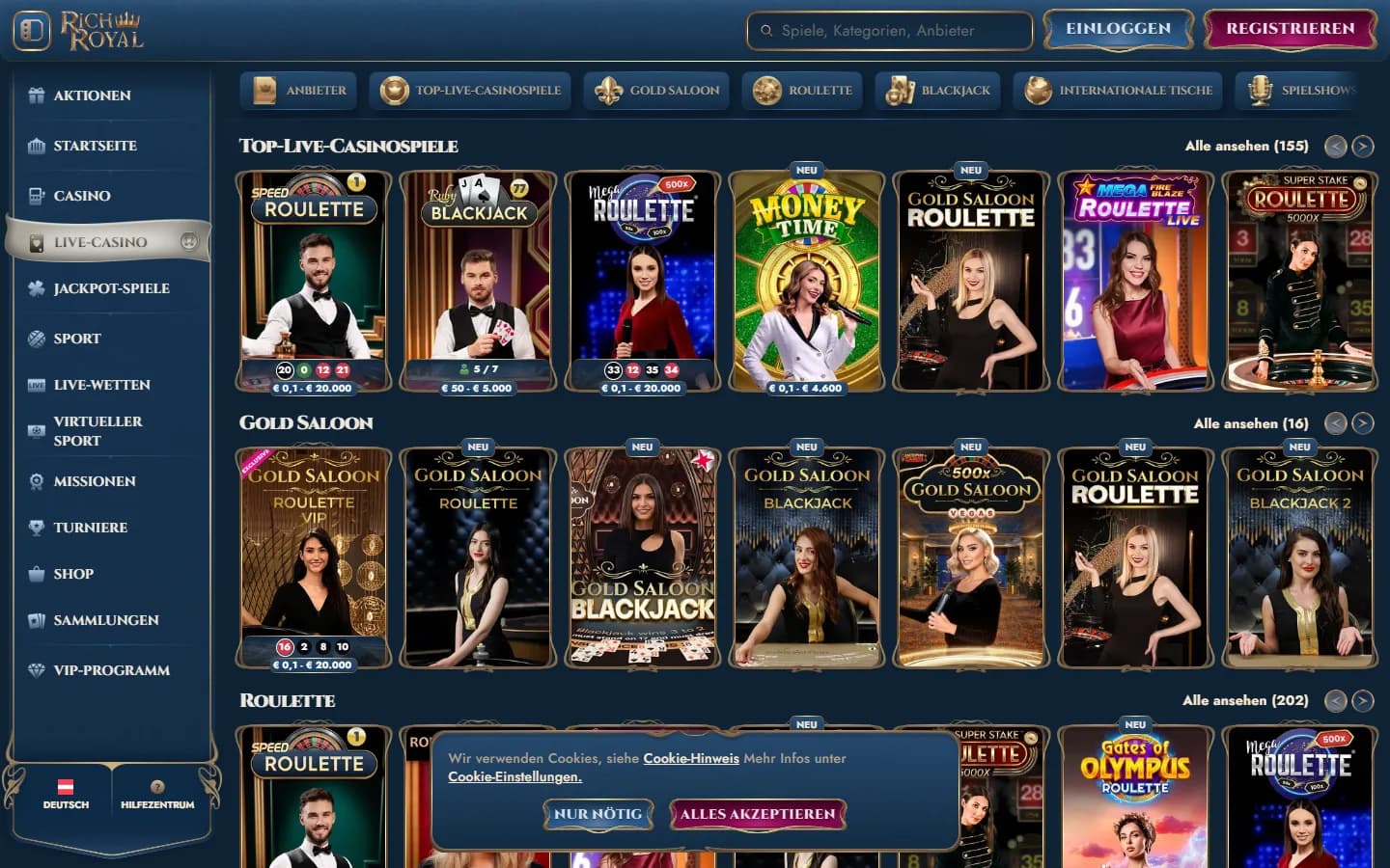 Öffentliche Live-Casino von RichRoyal mit geladenen Inhalten und sichtbarer Navigation.