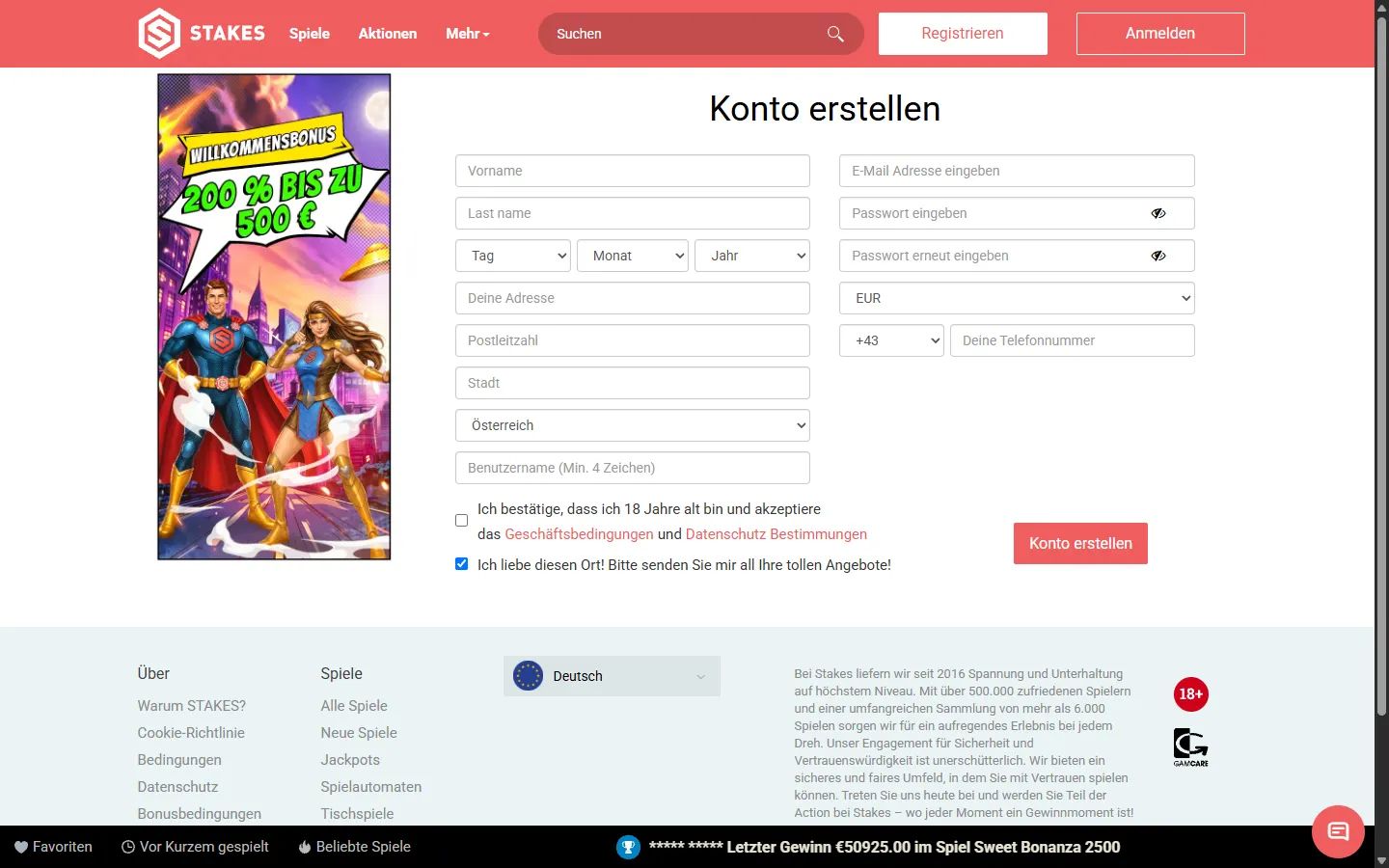 Öffentliches Stakes-Registrierungsformular mit leeren Benutzername- und Passwortfeldern vor der Kontoerstellung