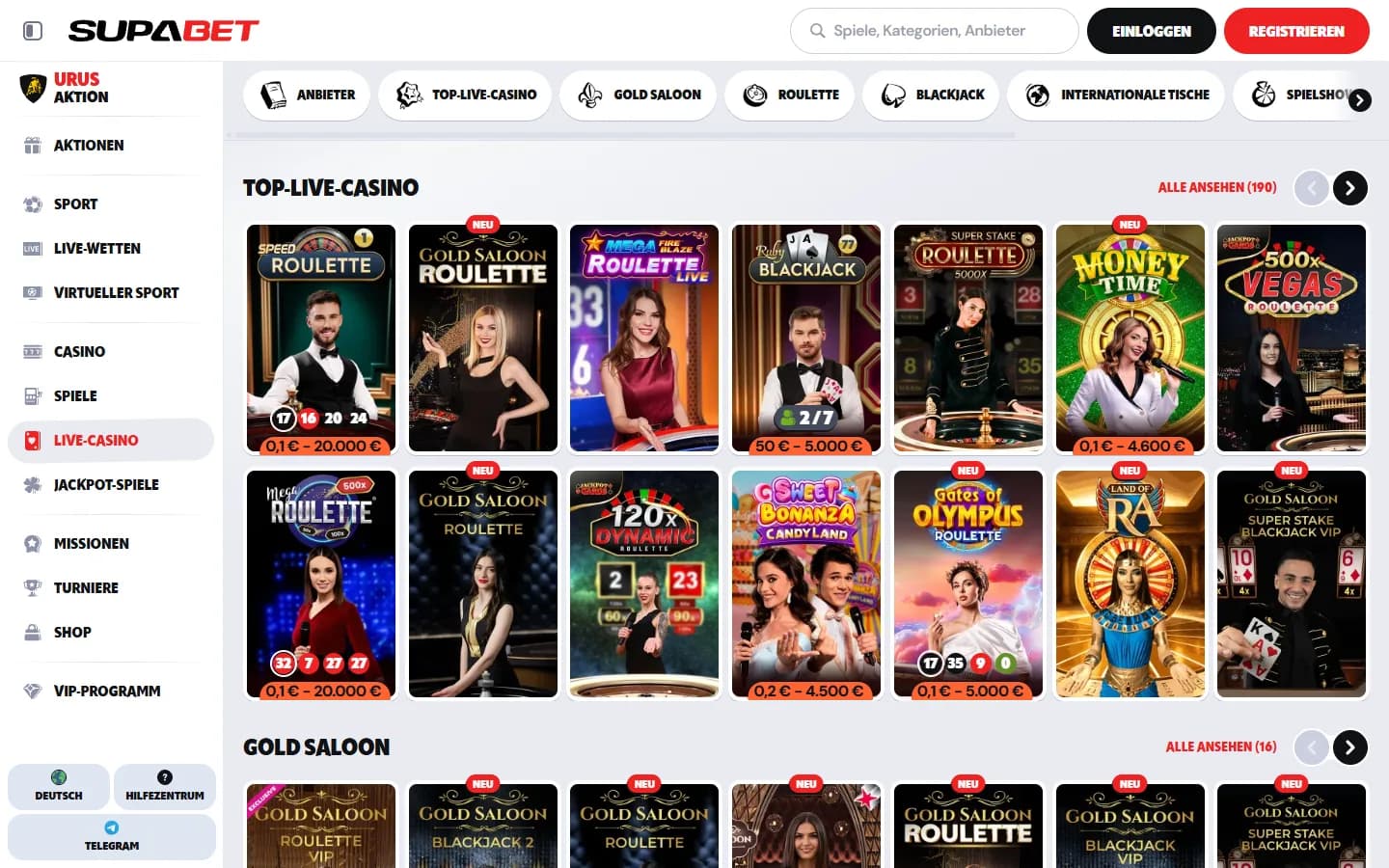 Öffentliche Live-Casino von Supabet mit geladenen Inhalten und sichtbarer Navigation.