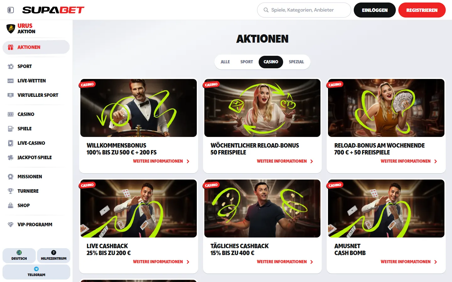 Öffentliche Promotions von Supabet mit geladenen Inhalten und sichtbarer Navigation.