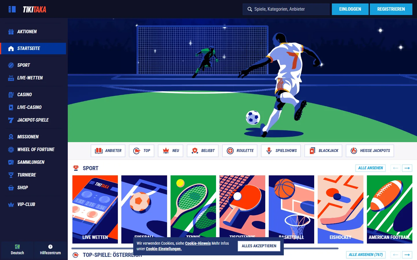 TikiTaka-Startseite mit Fußball-Heldenmotiv, Sportkategorien und geladenen Spielen