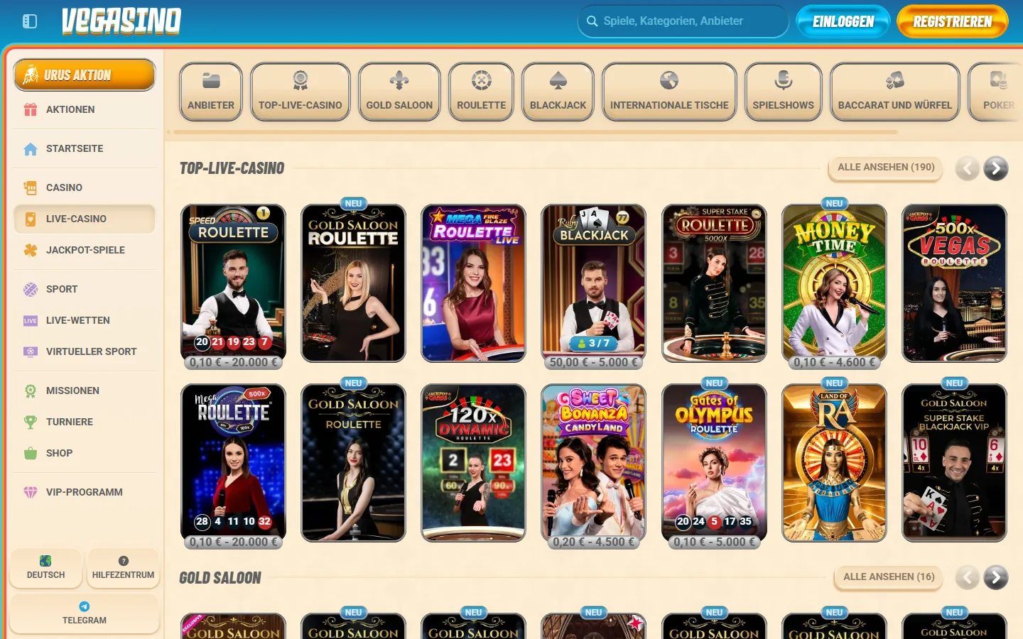 Vegasino-Live-Casino mit geladenen Roulette-, Blackjack- und Game-Show-Kacheln