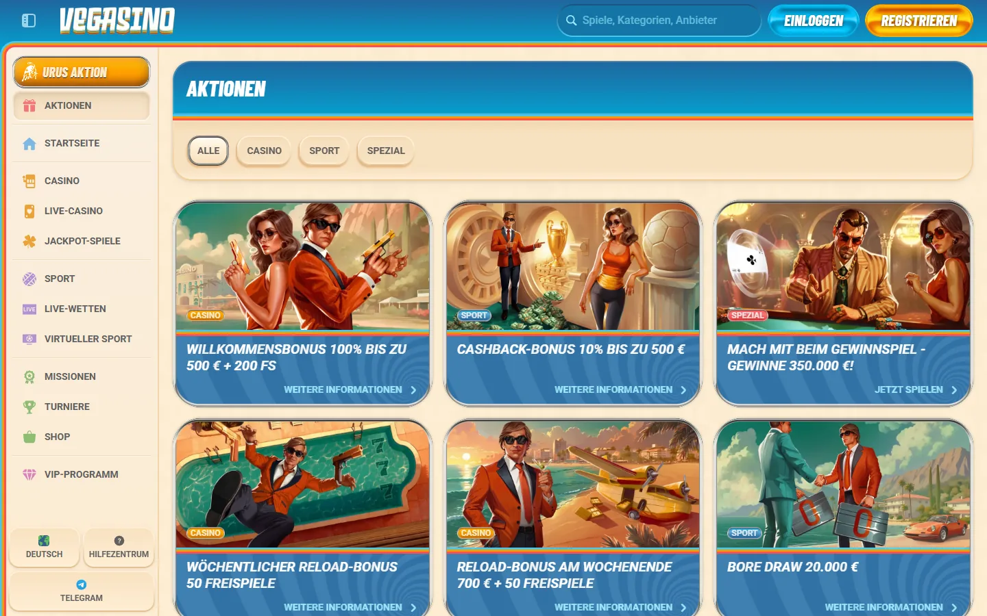 Vegasino-Aktionsübersicht mit geladenen Karten für Casino-, Sport- und Cashback-Angebote