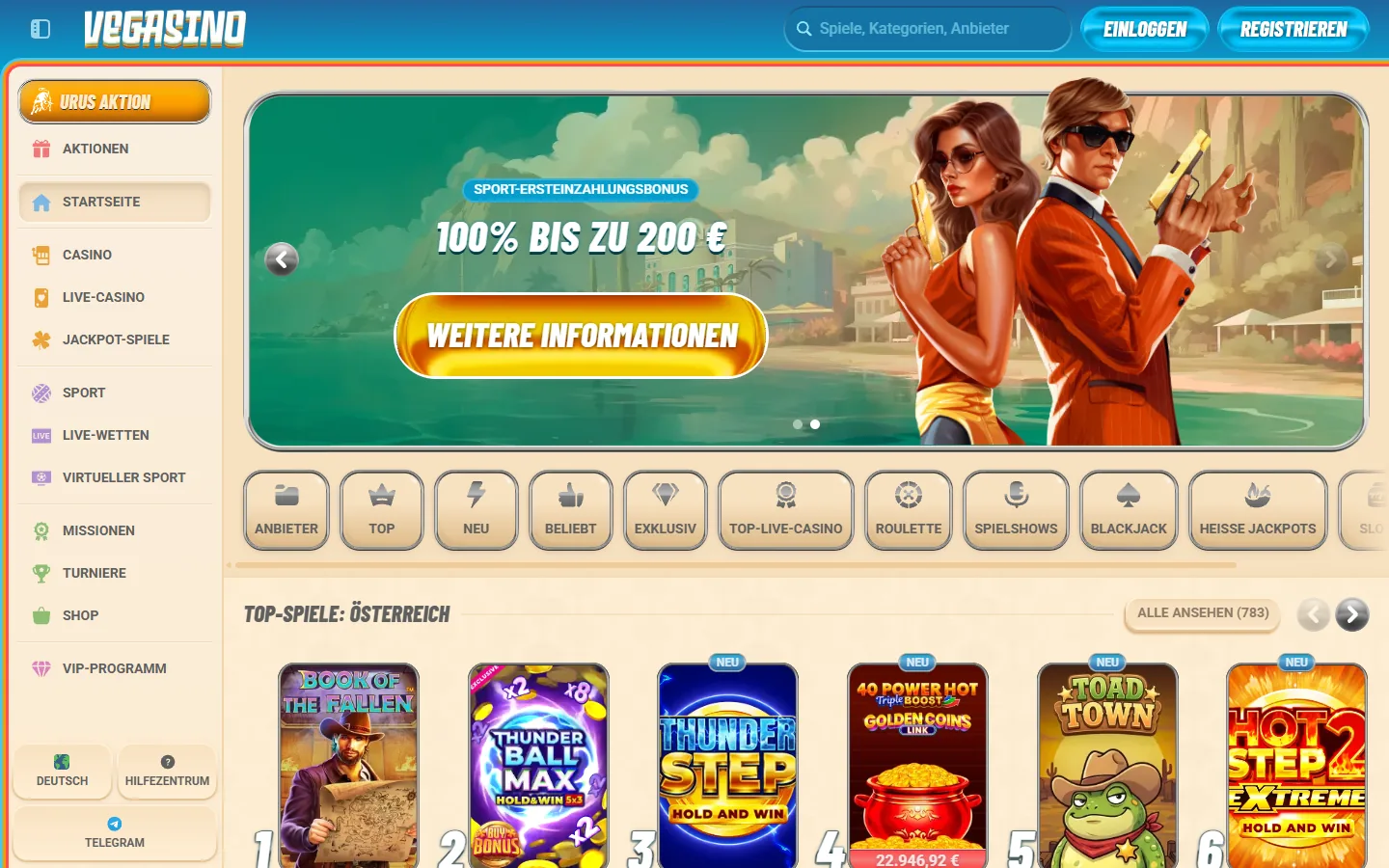 Vegasino-Startseite mit vollständig geladenem Sportbonusbanner und sichtbaren Top-Spielen