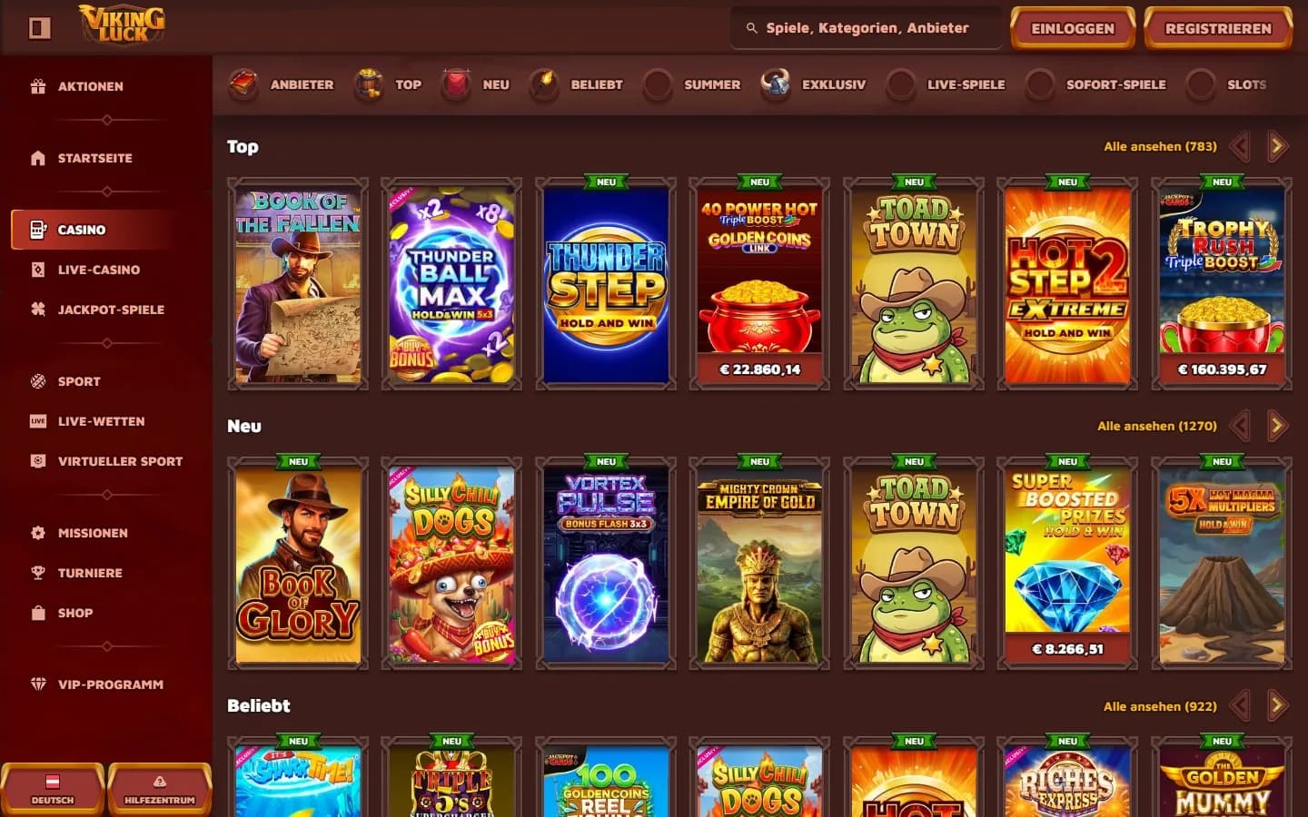 Viking-Luck-Casino-Lobby mit geladenen Slot-Kacheln und Kategorien für Top-, Neu- und Exklusivspiele