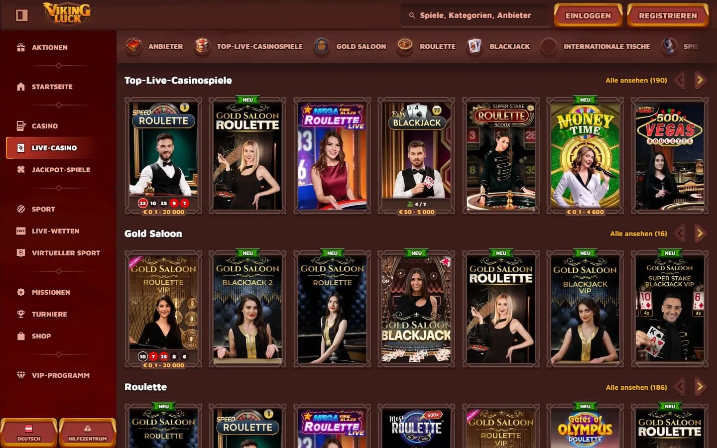 Viking-Luck-Live-Casino mit geladenen Dealer-Kacheln für Blackjack, Roulette und Spielshows