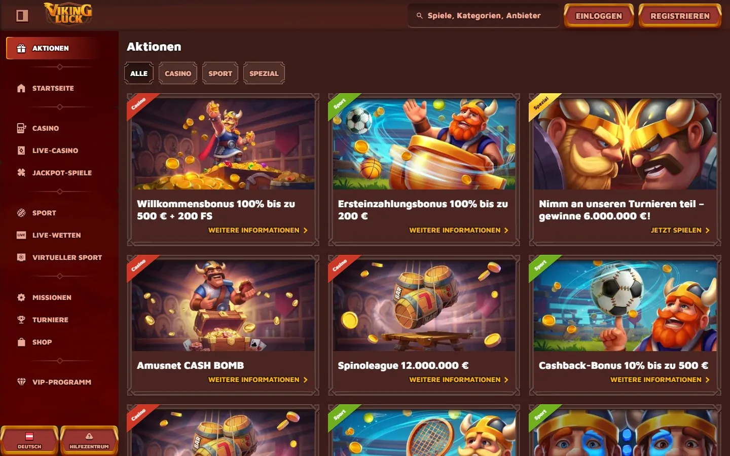 Viking-Luck-Aktionsübersicht mit geladenen Karten für Casino-, Sport- und wiederkehrende Boni