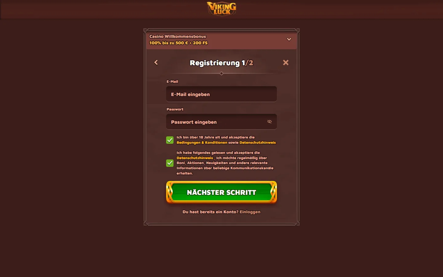 Erster Schritt des Viking-Luck-Registrierungsformulars mit leeren E-Mail- und Passwortfeldern