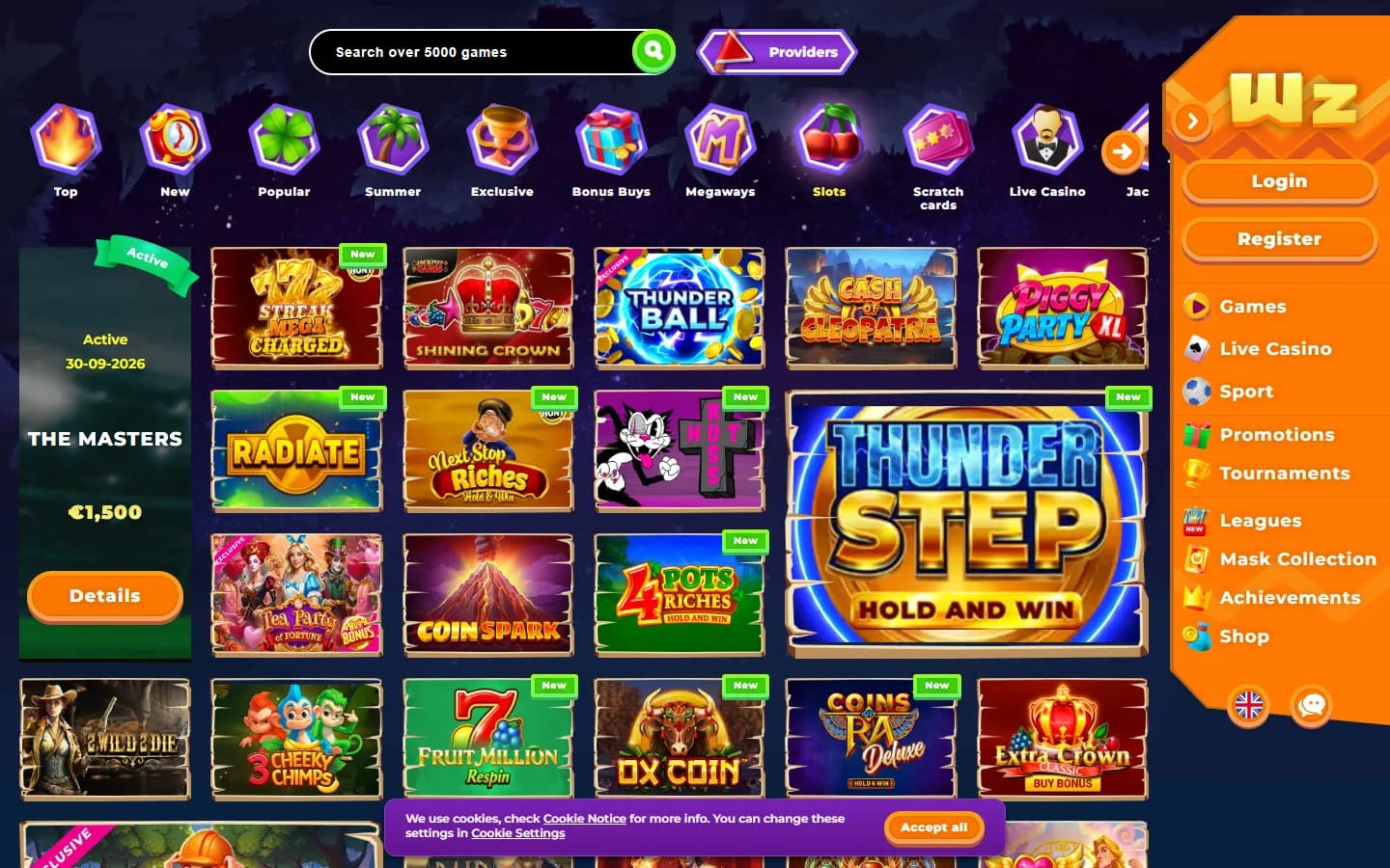 Geladene Wazamba Casino-Lobby mit Spielkacheln, Suchfeld und orangefarbener Navigation