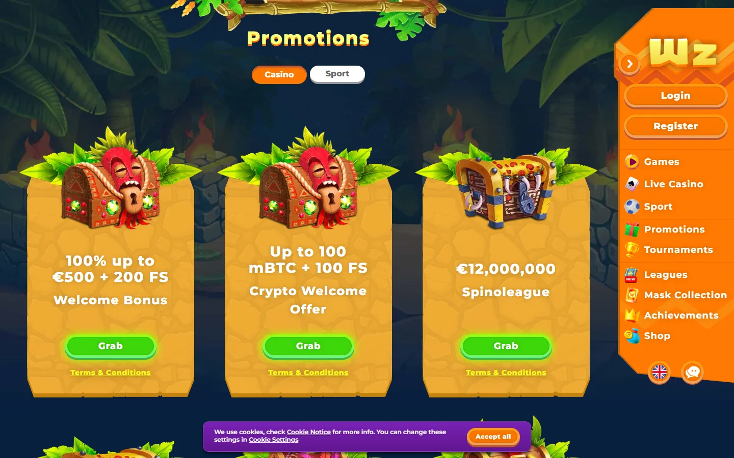 Geladene Wazamba Promotionen mit Bonuskarten, Casino- und Sportfiltern