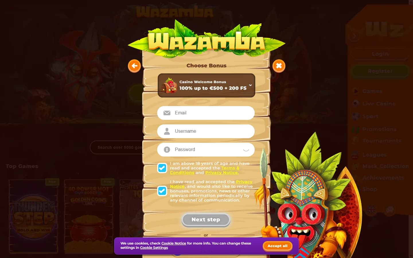 Wazamba Registrierungsformular mit Bonusauswahl, E-Mail-, Benutzernamen- und Passwortfeldern