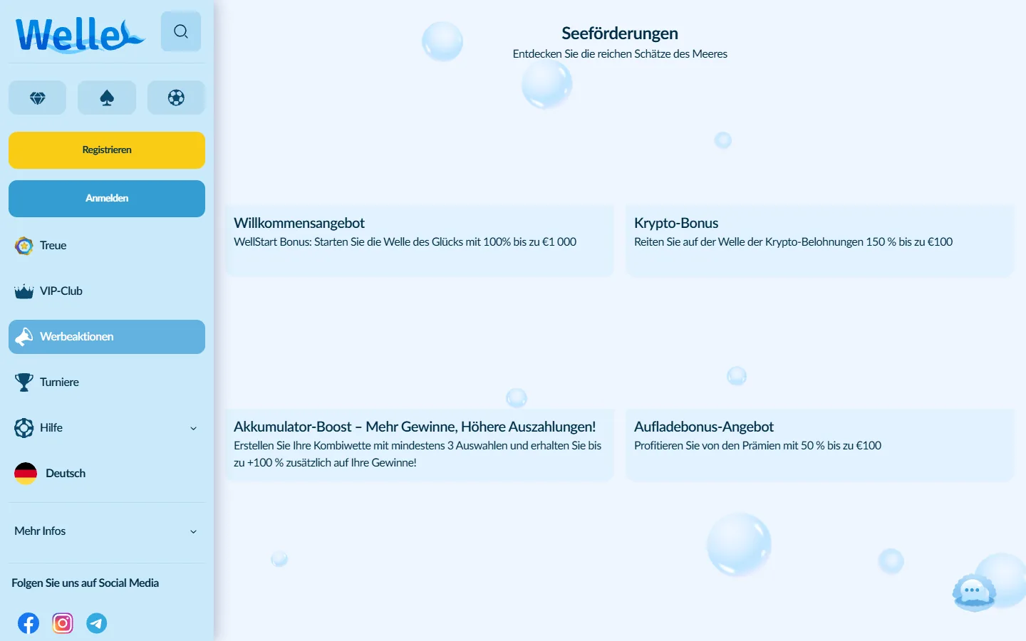Welle-Promotionsübersicht mit Karten für Willkommensangebot, Krypto-Bonus, Akkumulator-Boost und Aufladebonus