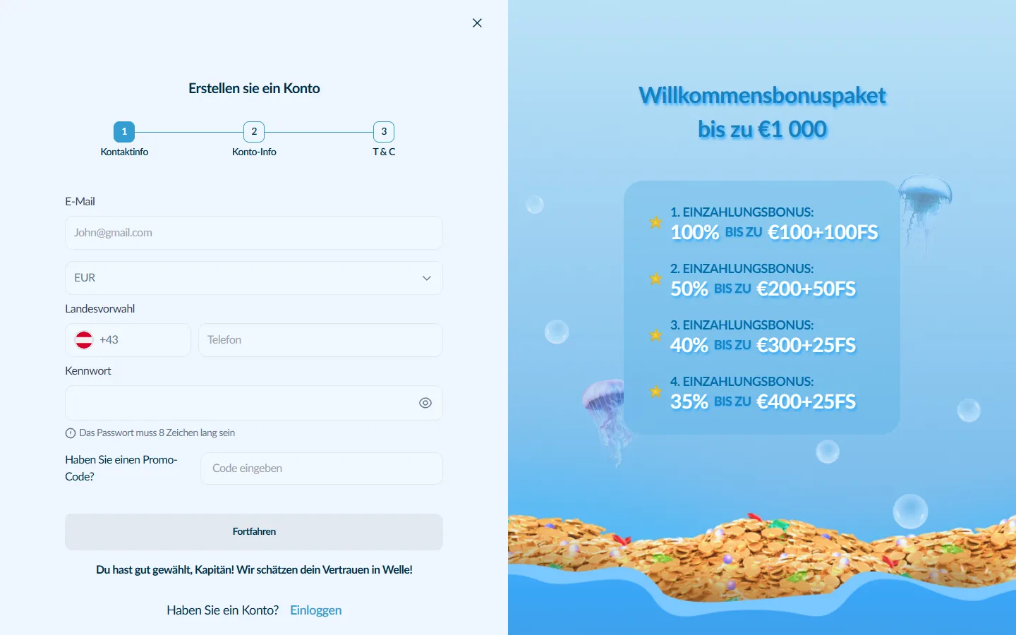 Geöffnetes Welle-Registrierungsformular mit leeren Feldern für E-Mail, Telefon und Passwort