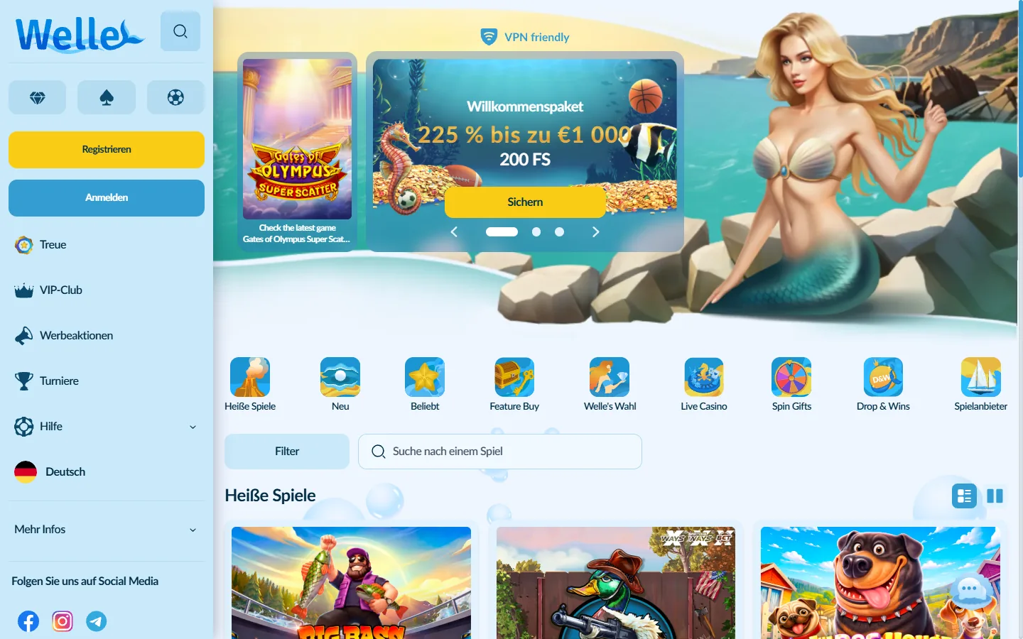 Welle-Startseite mit Meer-Motiv, Navigation, Promotionsbereich und geladenen Casino-Spielen
