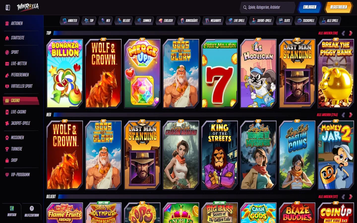 WinRolla-Casino-Lobby mit geladenen Slot-Spielkacheln und Kategorien wie Top, Neu und Beliebt