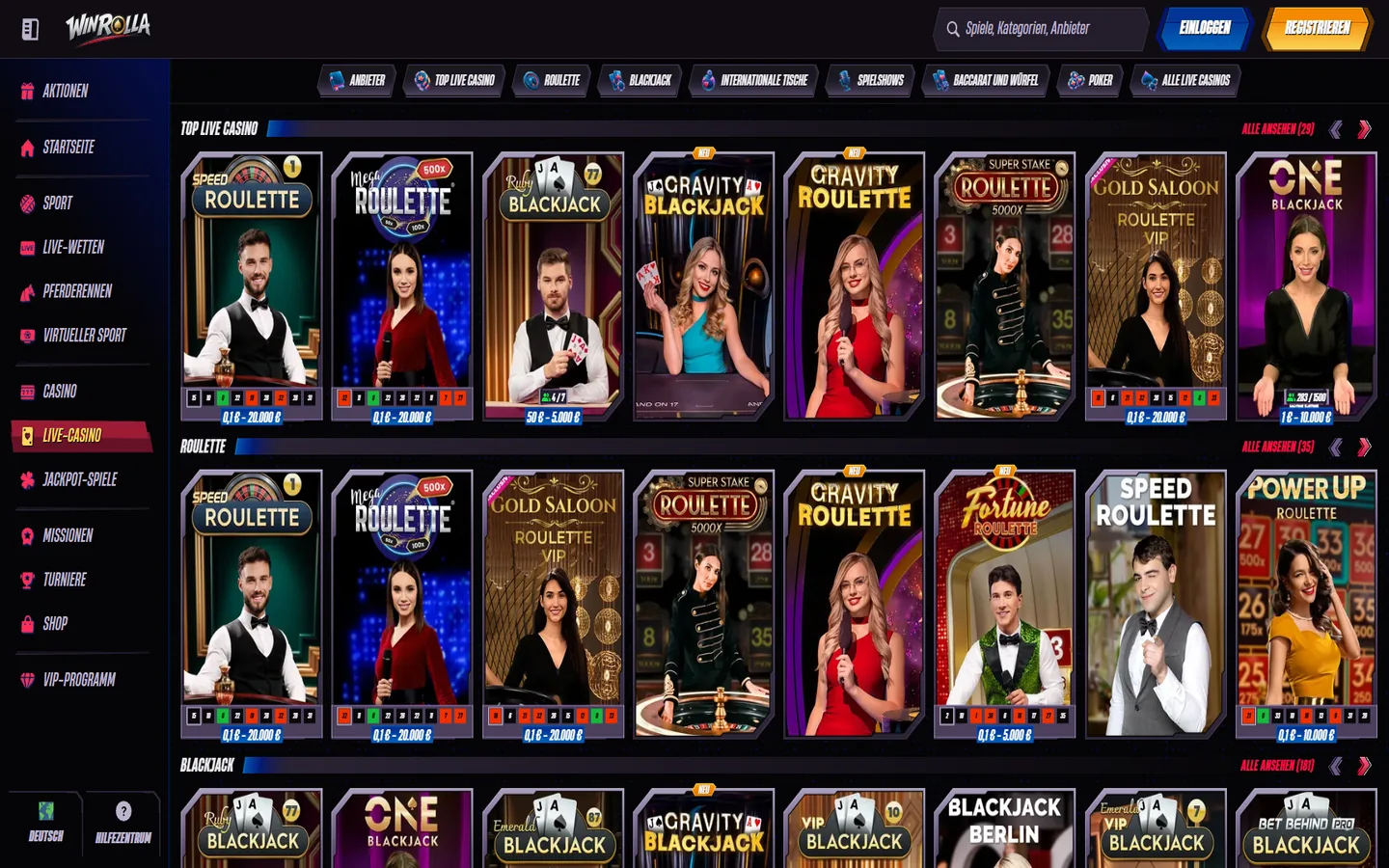 WinRolla-Live-Casino mit geladenen Roulette-, Blackjack- und weiteren Tischspiel-Kacheln