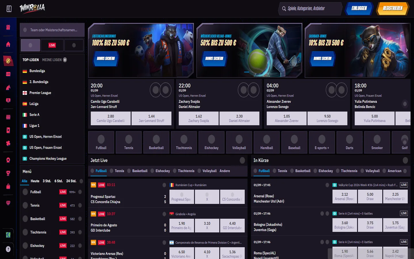 WinRolla-Sportwettenansicht mit Sportarten, Tennisbegegnungen, Live-Spielen und sichtbaren Quoten