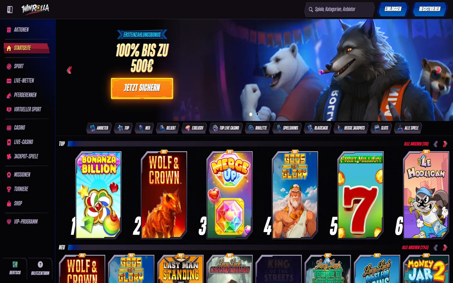 WinRolla-Startseite mit geladener Willkommenswerbung, Navigation und sichtbaren Casino-Spielkacheln