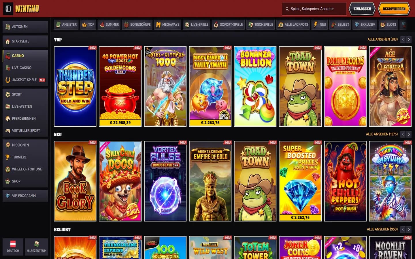 Wintino-Casino-Lobby mit geladenen Slot-Kacheln und Kategorienavigation
