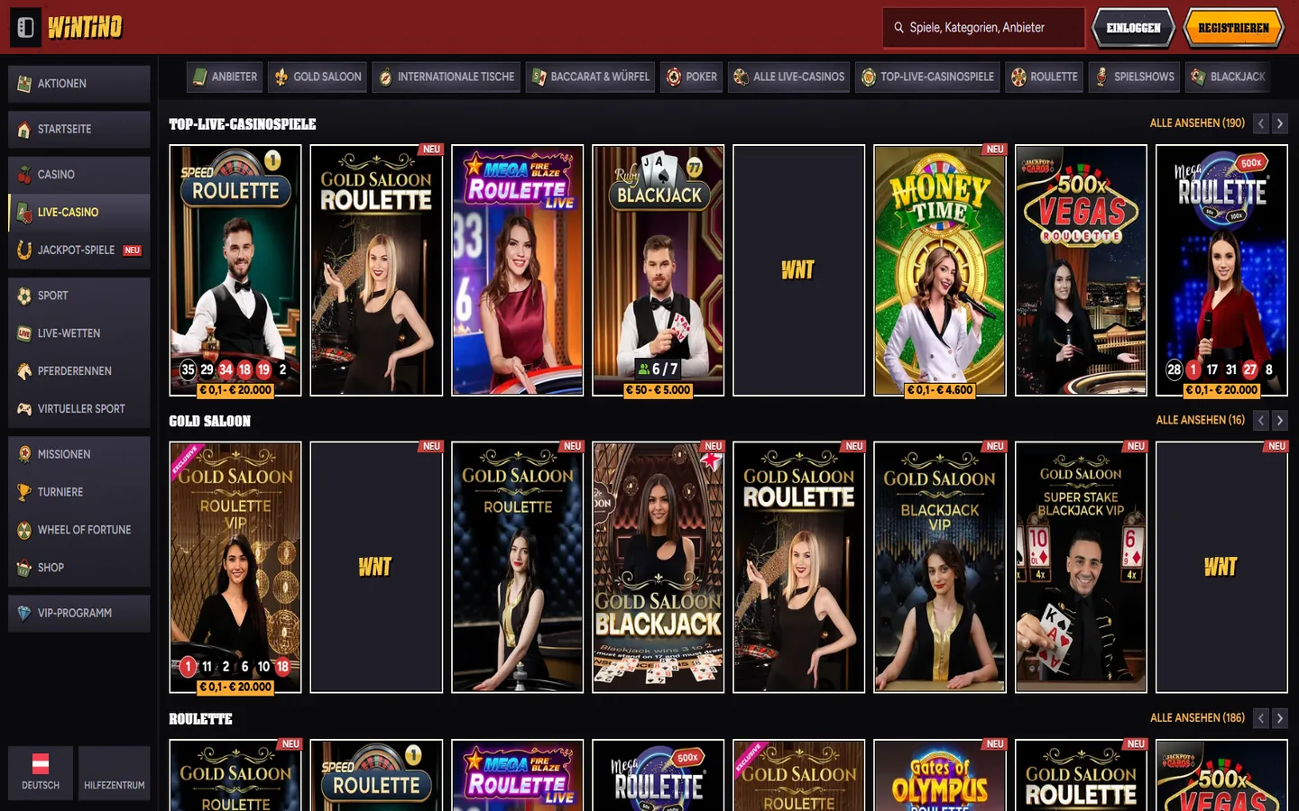 Wintino-Live-Casino mit geladenen Roulette-, Blackjack- und Spielshow-Kacheln
