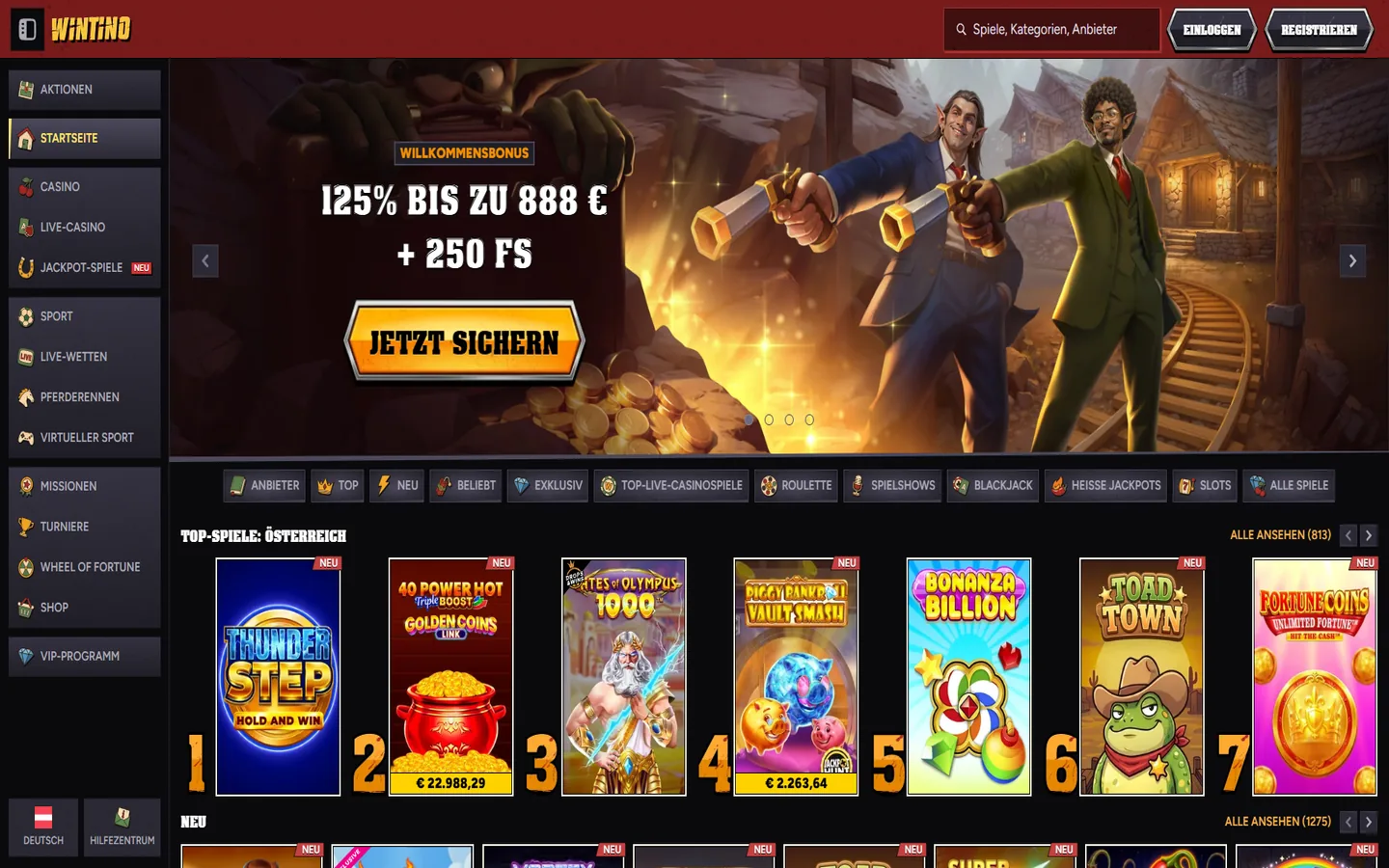 Wintino-Startseite mit Willkommensbonus, Sportbonus und geladenen Top-Spielen