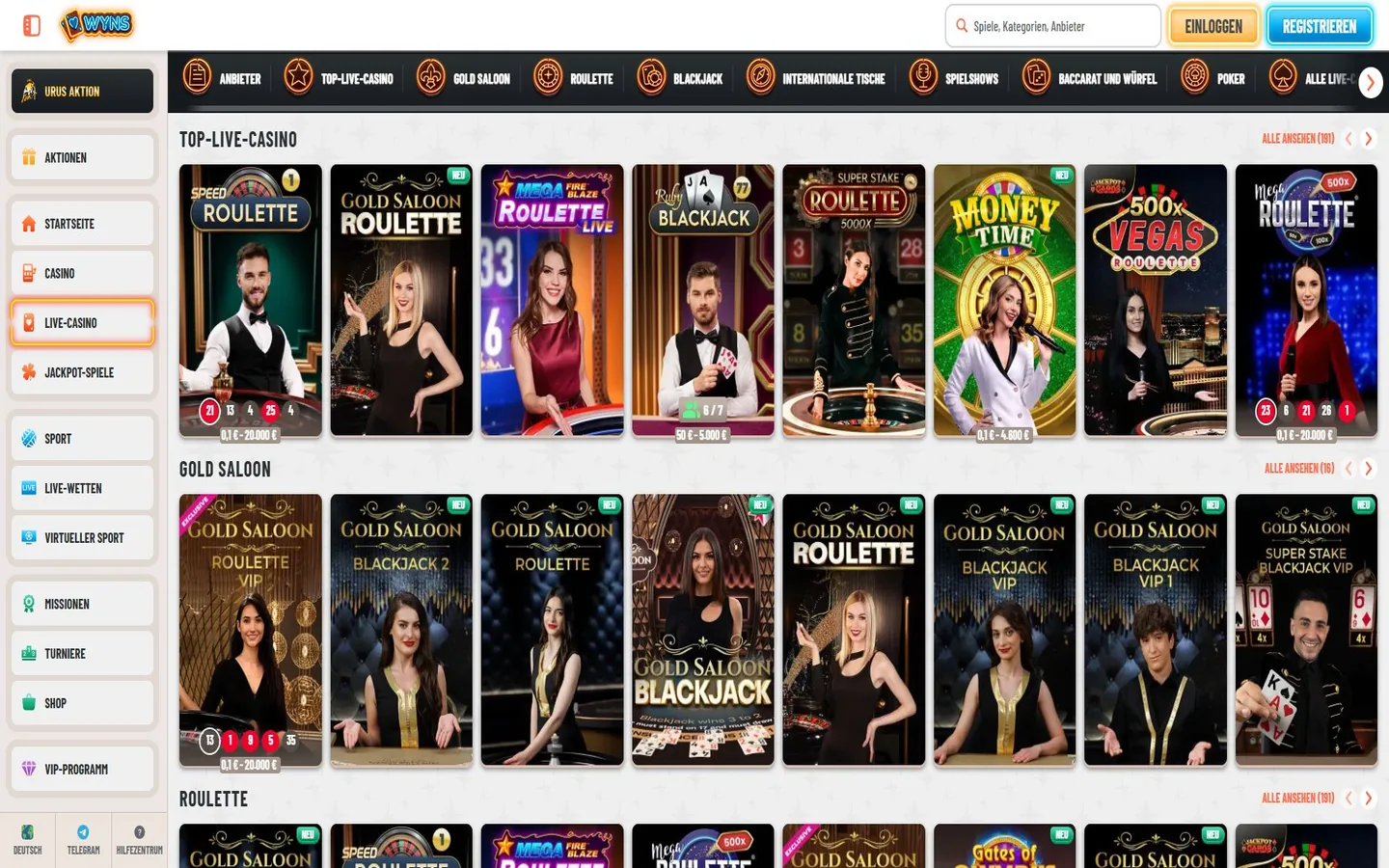 Wyns-Live-Casino mit geladenen Roulette-, Blackjack- und Spielshow-Kacheln