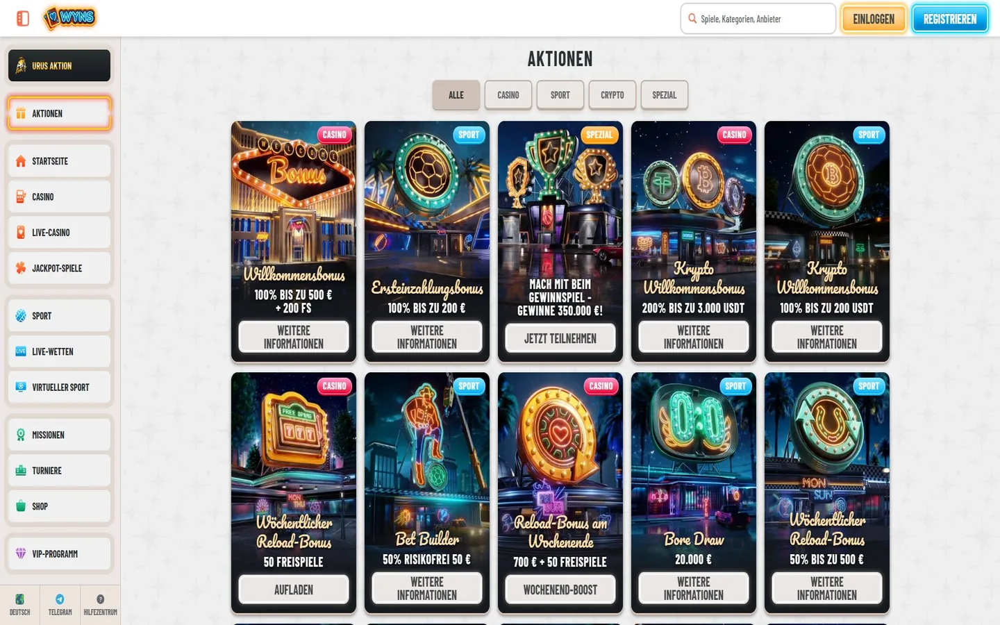 Wyns-Promotionsseite mit Karten für Casino-, Sport- und Krypto-Boni